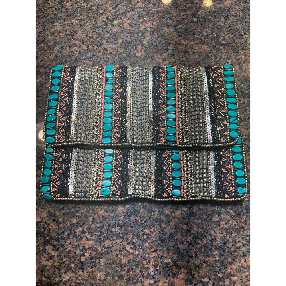 Black Clutch w/Turquoise & Metal Beading 10"x7" Excellent Condition - Picture 8 of 13